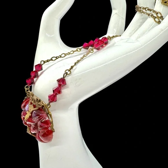 Vintage Art Deco Czech(?) Red Art Glass & Crystal Brass Necklace - Picture 8 of 12